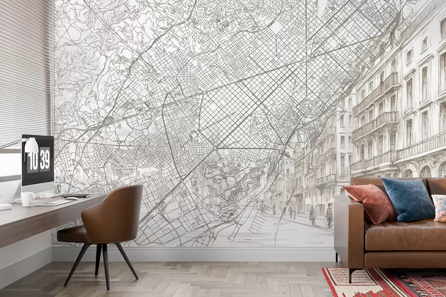 fototapet Barcelona harta orașului, linie de desen, arhitectura, Spania, culori bej w01695