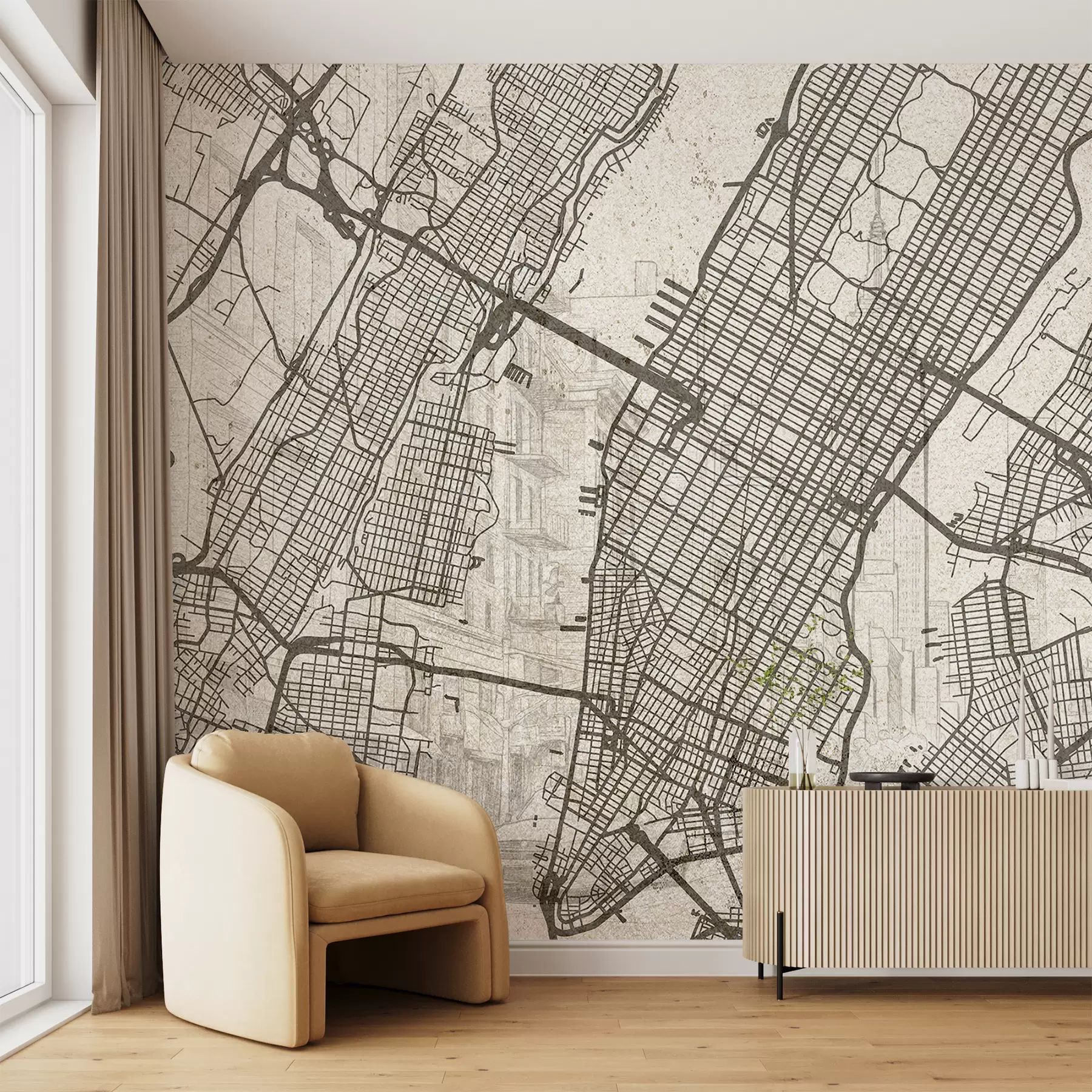 fototapet Harta orașului New York, desen liniar, arhitectură, culori bej w01699