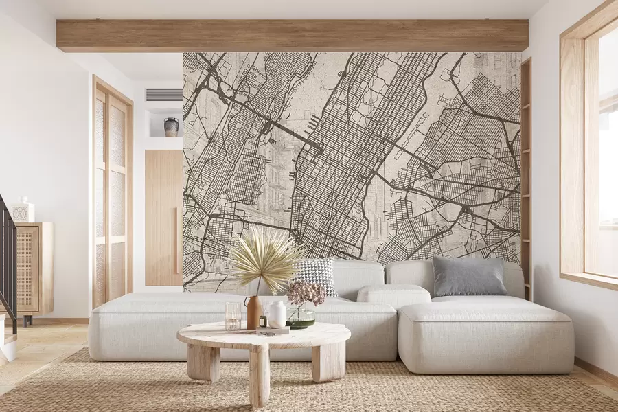 fototapet Harta orașului New York, desen liniar, arhitectură, culori bej w01699