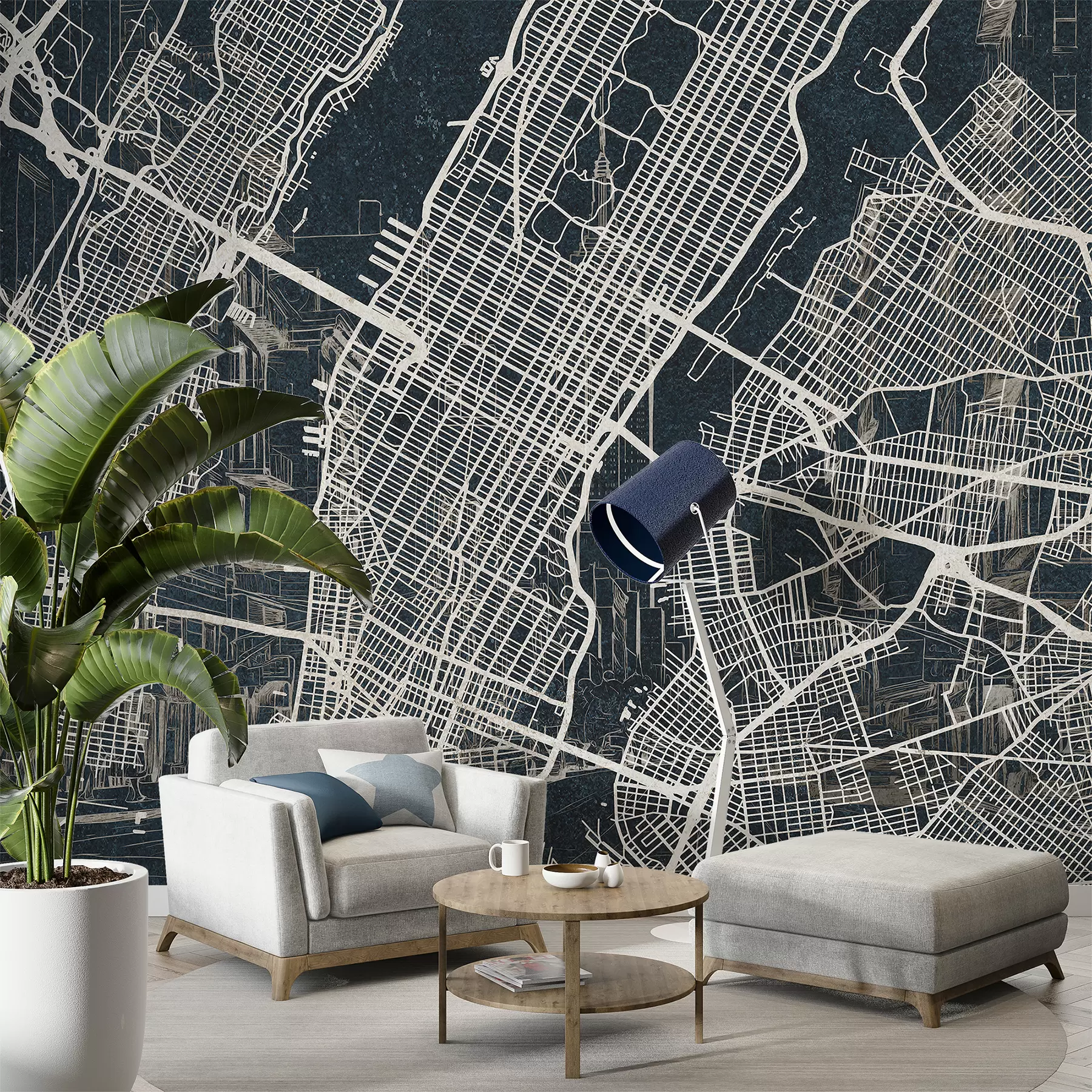 fototapet Harta orașului New York, desen de linie, arhitectură, culori închise w01699v1