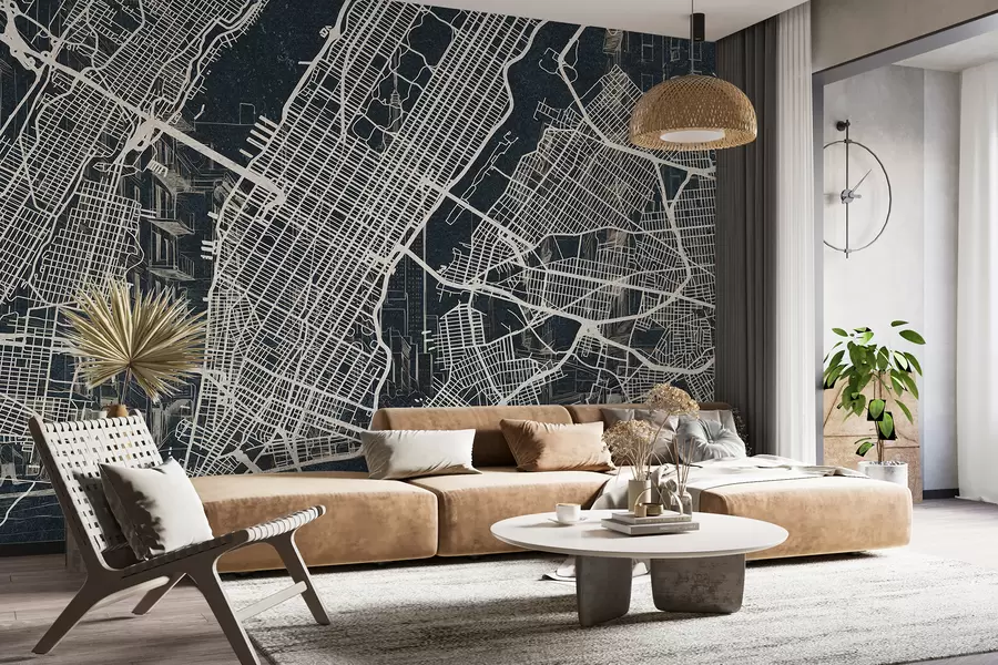 fototapet Harta orașului New York, desen de linie, arhitectură, culori închise w01699v1