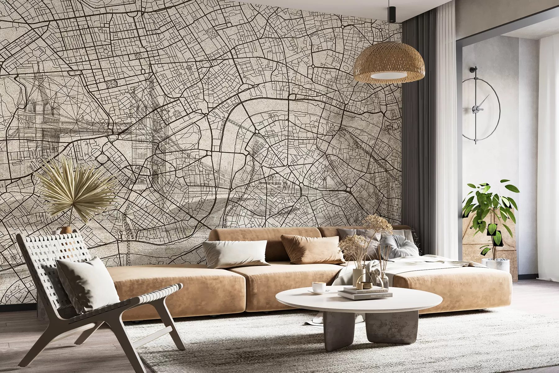 fototapet Harta orașului Londra, desen liniar, arhitectură, culori bej w01702