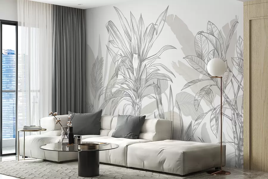fototapet Un grafic tropical plante cu frunze mari, luxuriante și flori în nuanțe de gri și alb cu siluete florale verzi w08327