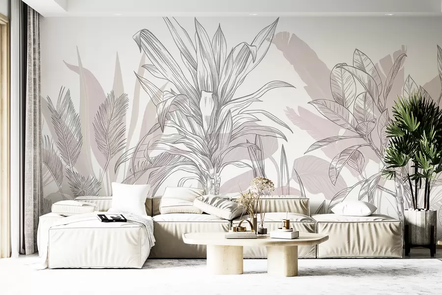fototapet Un grafic tropical plante cu frunze mari, luxuriante și flori în nuanțe de gri și alb cu siluete florale roz w08327v1