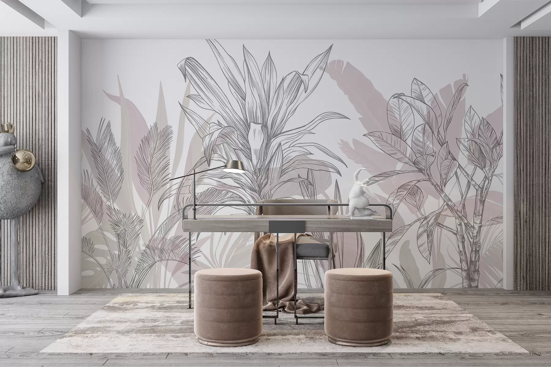 fototapet Un grafic tropical plante cu frunze mari, luxuriante și flori în nuanțe de gri și alb cu siluete florale roz w08327v1