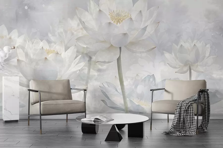 fototapet Flori albe de lotus într-un fundal cețos, eteric abstract pastel peisaj w08328