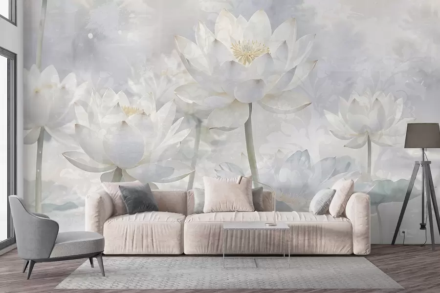 fototapet Flori albe de lotus într-un fundal cețos, eteric abstract pastel peisaj w08328