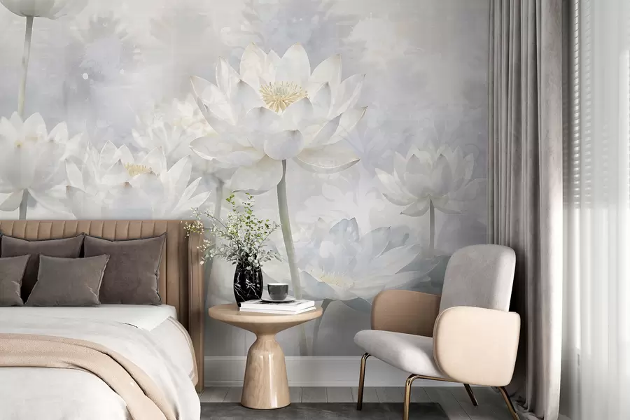 fototapet Flori albe de lotus într-un fundal cețos, eteric abstract pastel peisaj w08328