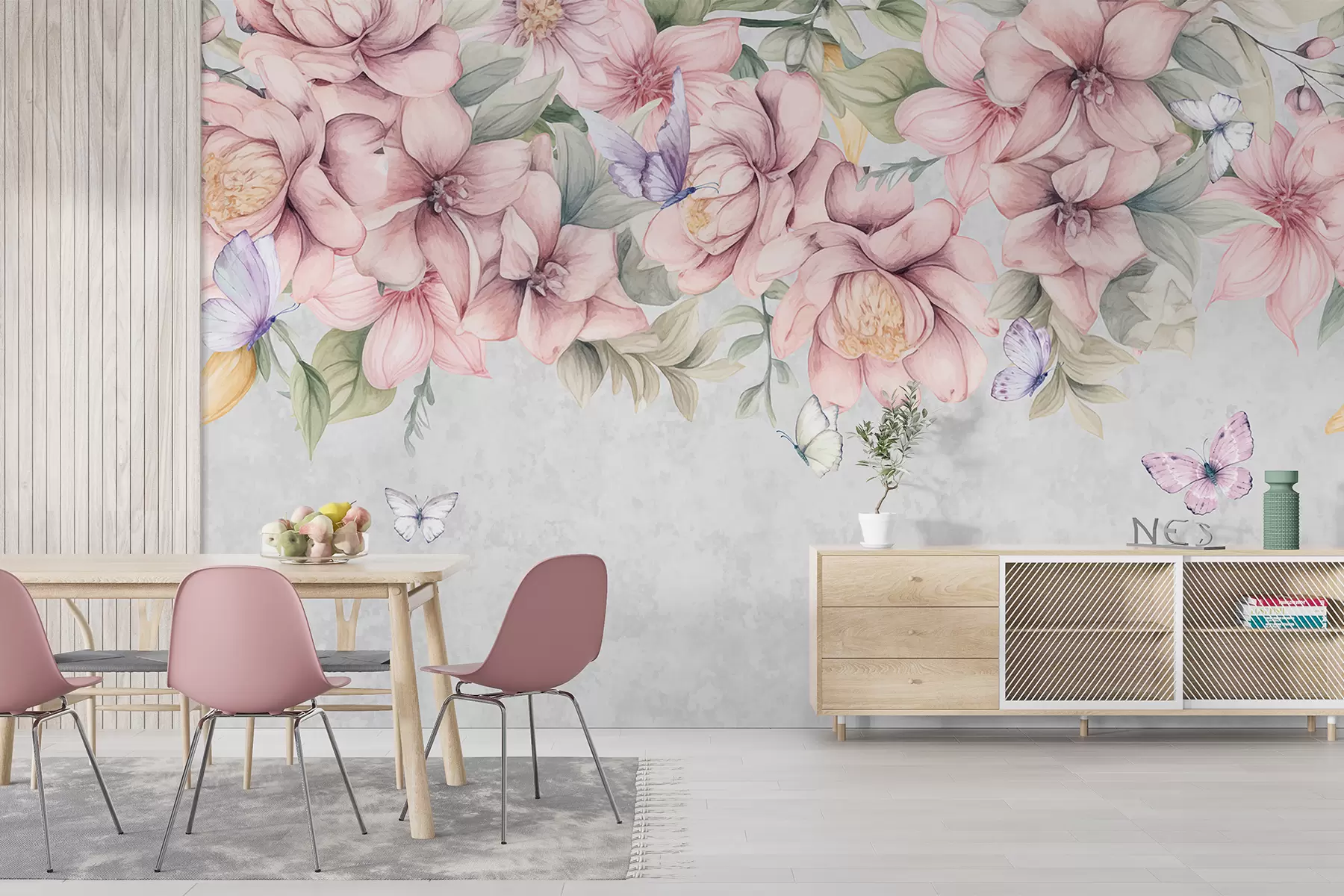 fototapet Flori moi roz și albe cu flori delicate și frunze pe fundal gri texturat w08331