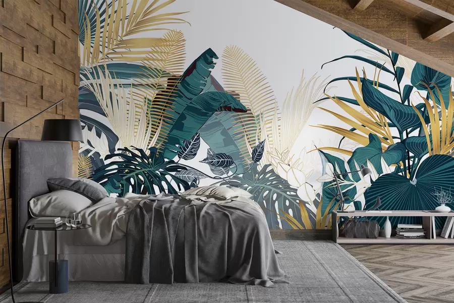 fototapet Un frunziș tropical verde luxuriant, inclusiv frunze de palmier, ferigi și alte plante exotice în culorile verde închis și portocaliu w08338