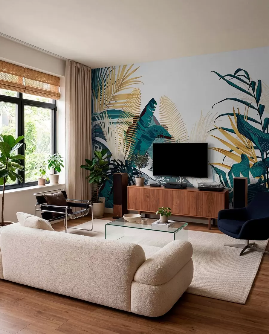 fototapet Un frunziș tropical verde luxuriant, inclusiv frunze de palmier, ferigi și alte plante exotice în culorile verde închis și portocaliu w08338