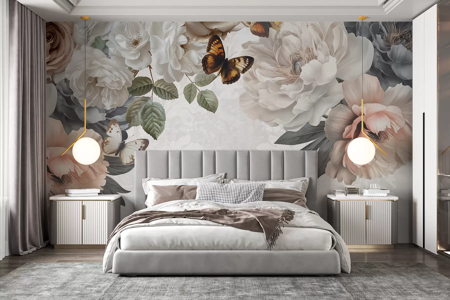 fototapet Flori mari de bujor albe și roz, cu un fluture cocoțat pe una dintre flori, pe un fundal blând, neclar w08340