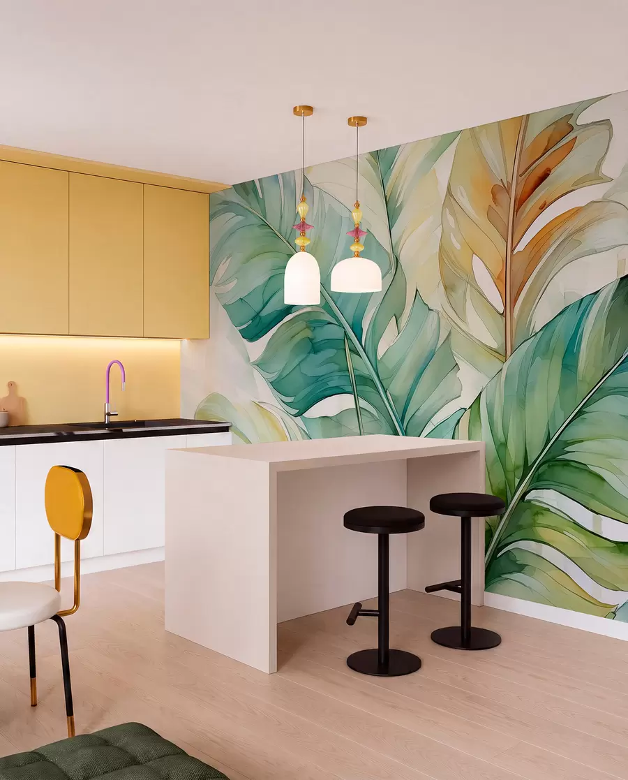 fototapet Tropical banane frunze de palmier umed acuarelă w01775
