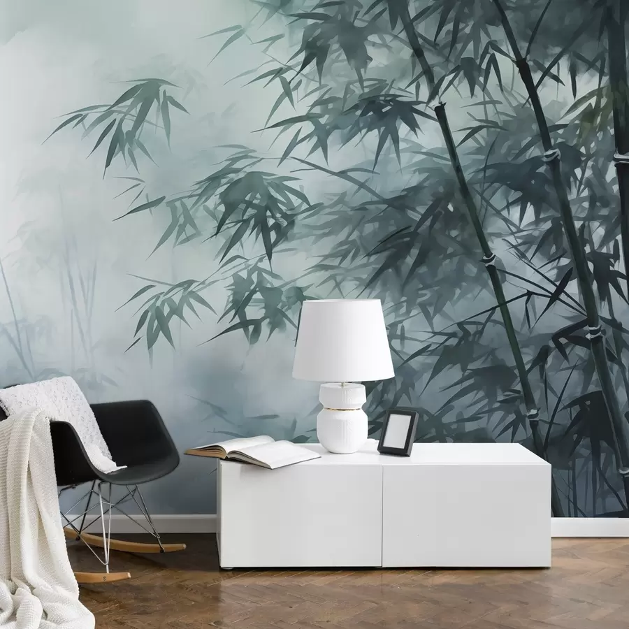 fototapet Bambus tulpini împotriva întuneric ceață fundal umed acuarelă w01863