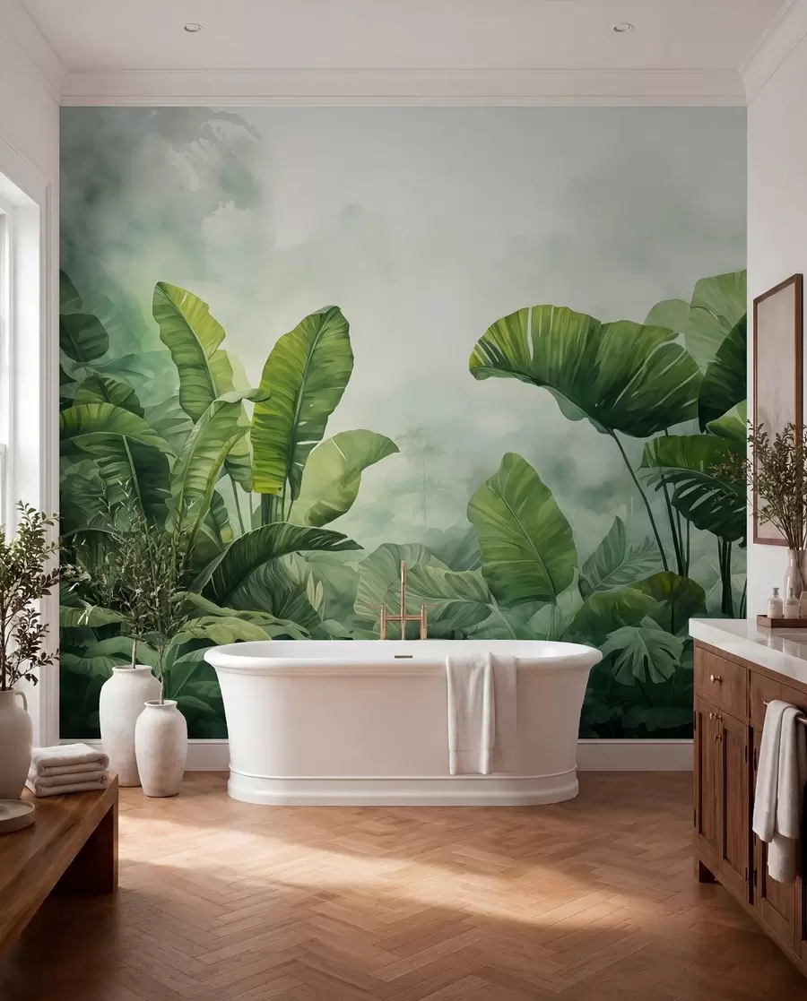 fototapet Frunze tropicale în junglă pe fundalul de ceață acuarelă umedă w01868