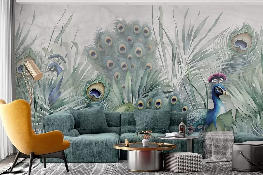 fototapet O pereche de păuni colorați înconjurați de frunziș verde acuarelă luxuriantă și flori vibrante pe fundal gri w08345