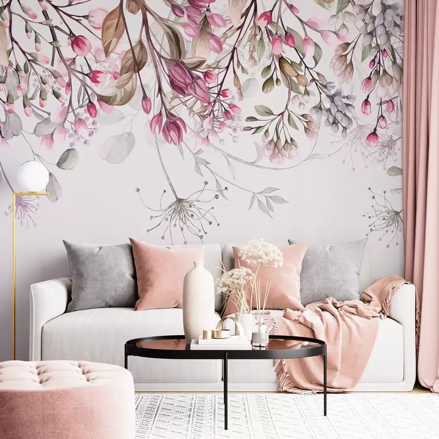 fototapet Delicate ramuri florale roz și alb cu frunze și petale, pe fundal gri pastel w08347