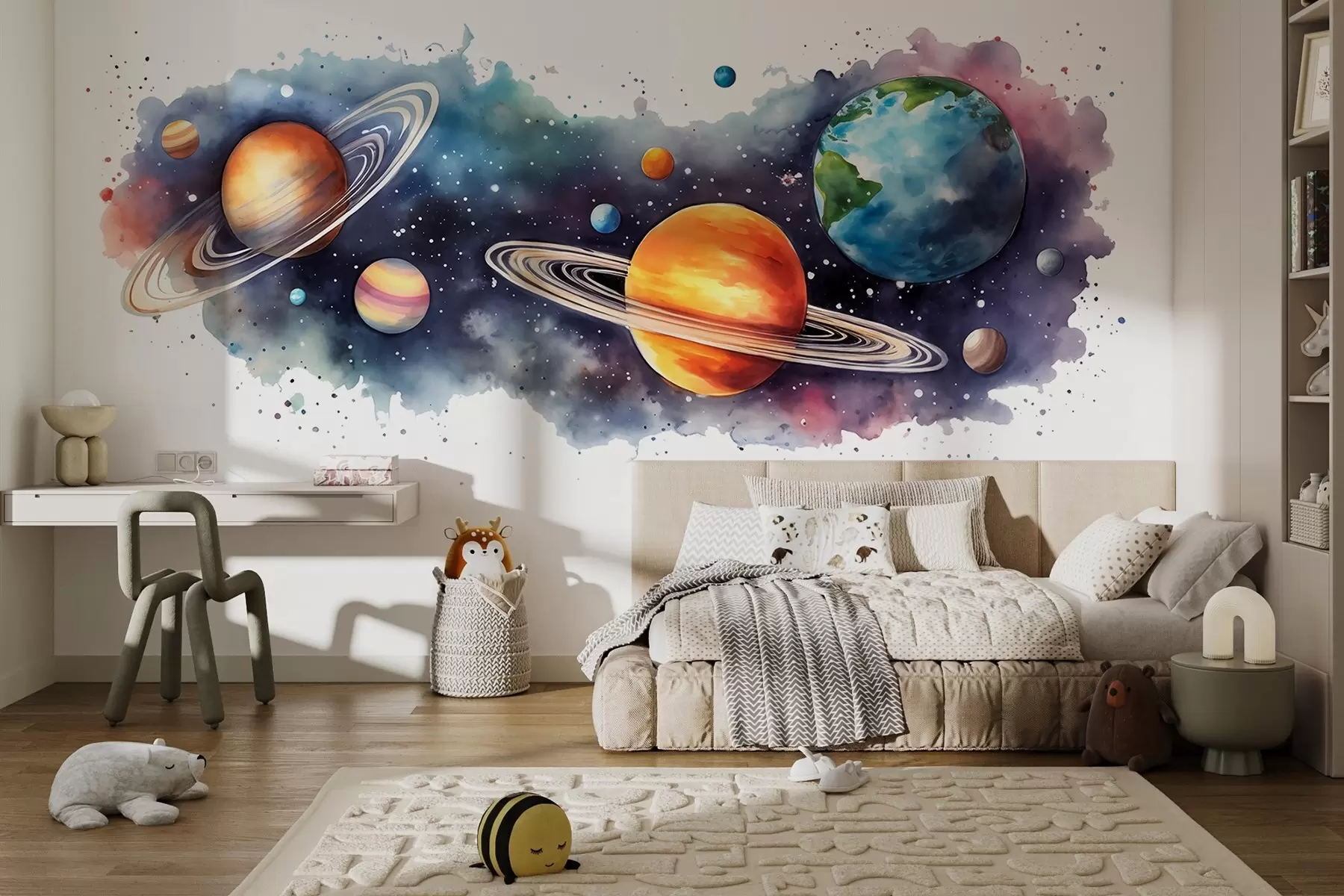 fototapet Acuarelă planete, spațiu, cosmic, Pământ, Saturn w01802