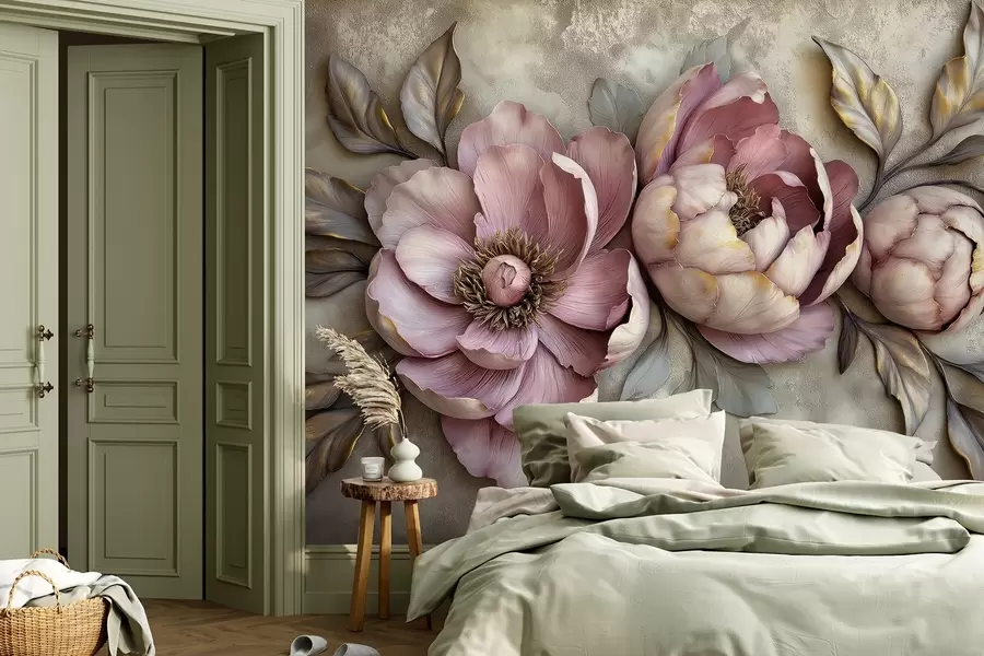 fototapet Bujori purpurii florale cu frunze și petale în culori pastelate mute, stil vintage w01825