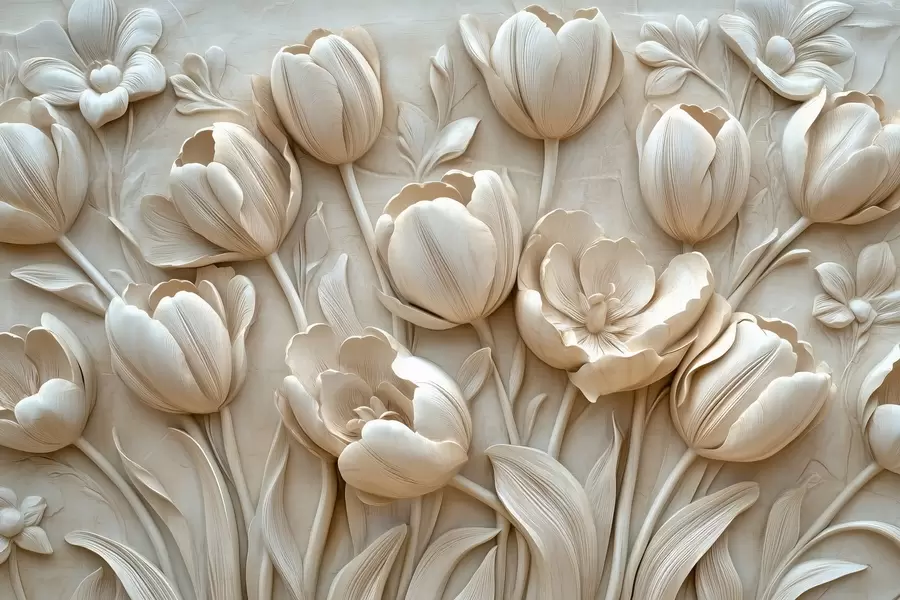 fototapet artă florală 3D cu lalele grațioase în culoarea bej w01851