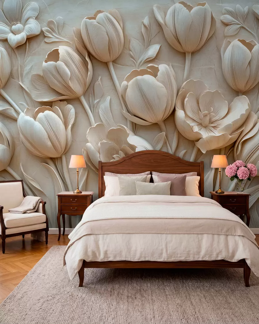 fototapet artă florală 3D cu lalele grațioase în culoarea bej w01851