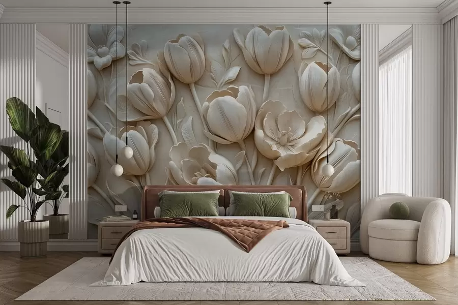 fototapet artă florală 3D cu lalele grațioase în culoarea bej w01851
