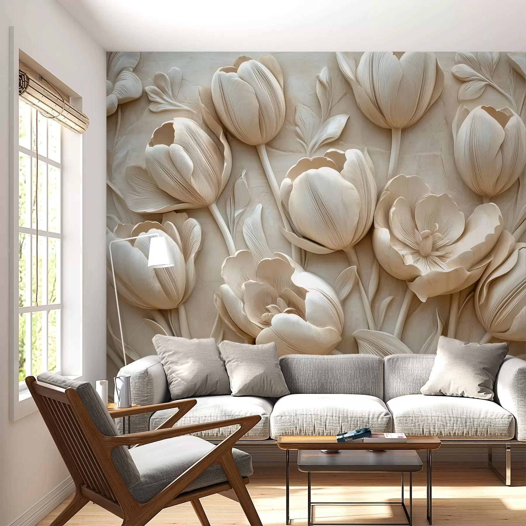 fototapet artă florală 3D cu lalele grațioase în culoarea bej w01851