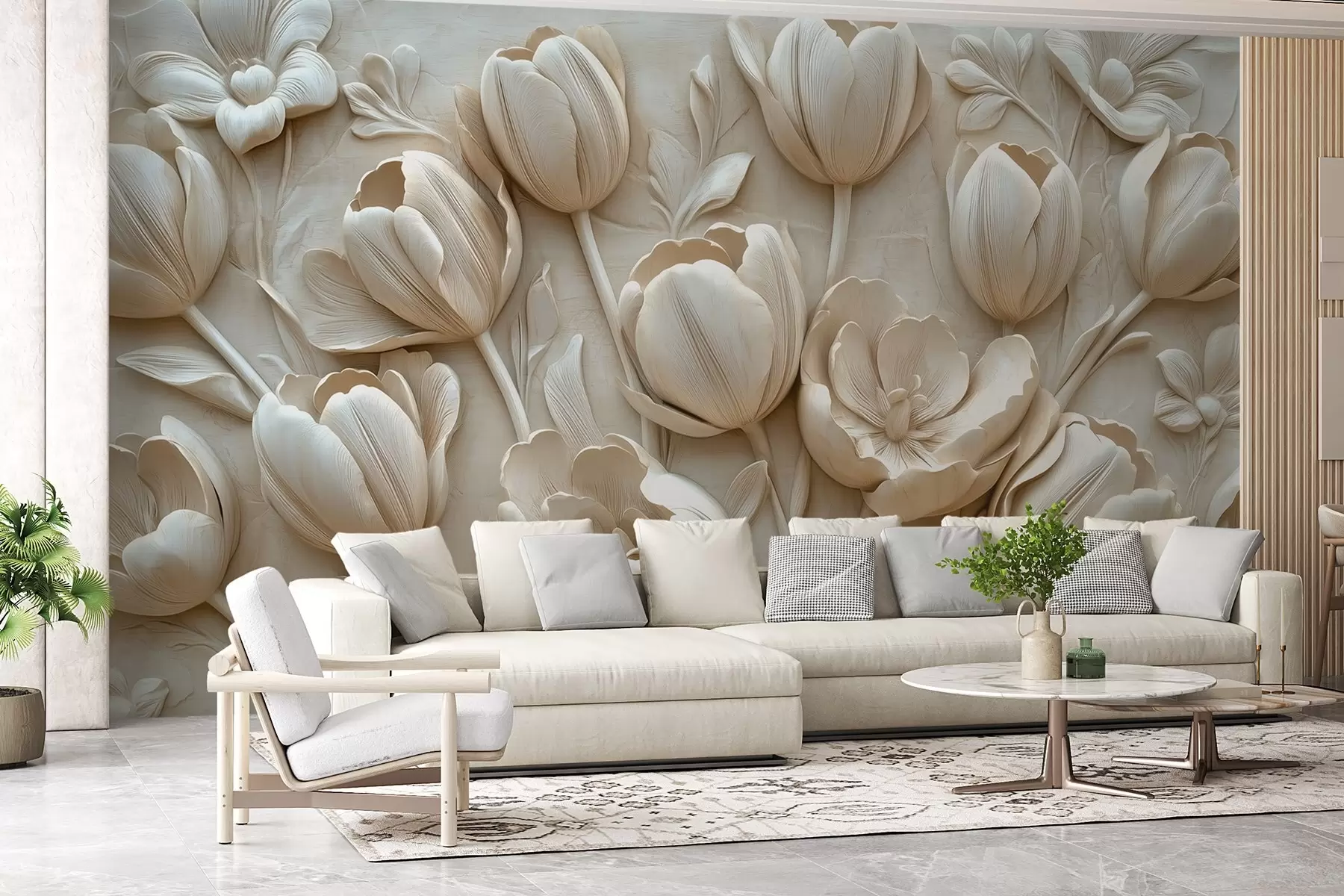 fototapet artă florală 3D cu lalele grațioase în culoarea bej w01851