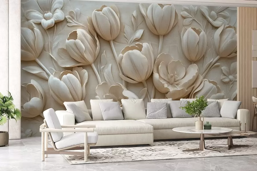 fototapet artă florală 3D cu lalele grațioase în culoarea bej w01851