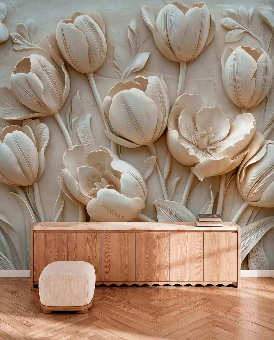 fototapet artă florală 3D cu lalele grațioase în culoarea bej w01851