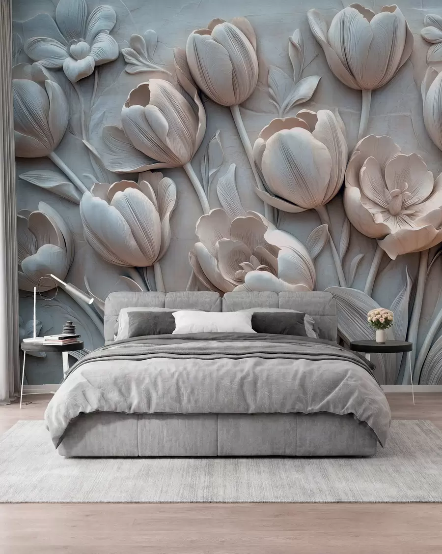 fototapet artă florală 3D cu lalele grațioase în culoarea gri w01851v1