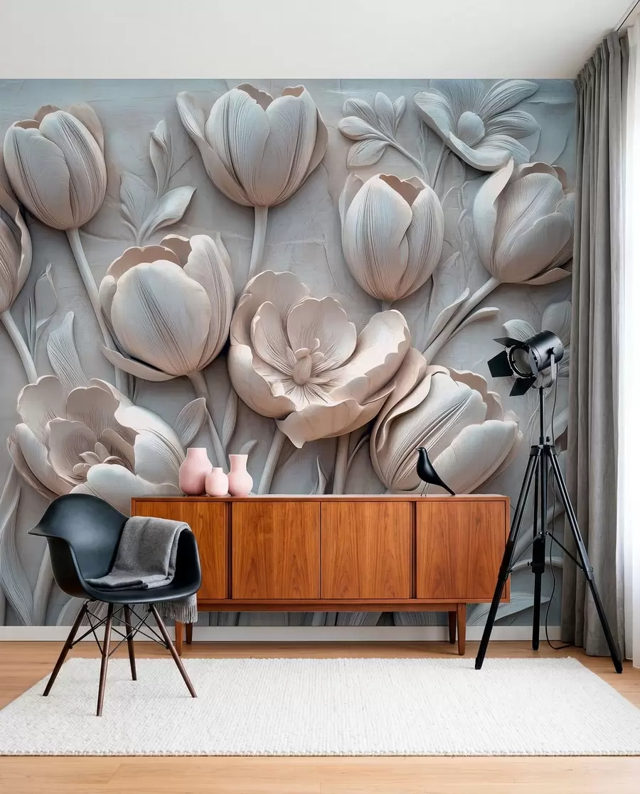 fototapet artă florală 3D cu lalele grațioase în culoarea gri w01851v1