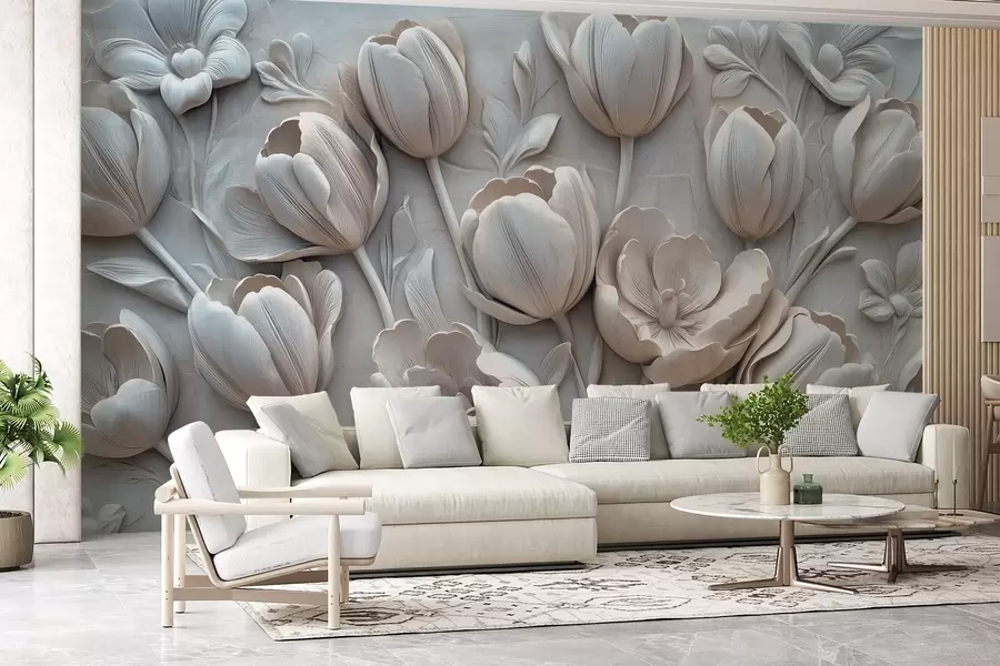 fototapet artă florală 3D cu lalele grațioase în culoarea gri w01851v1