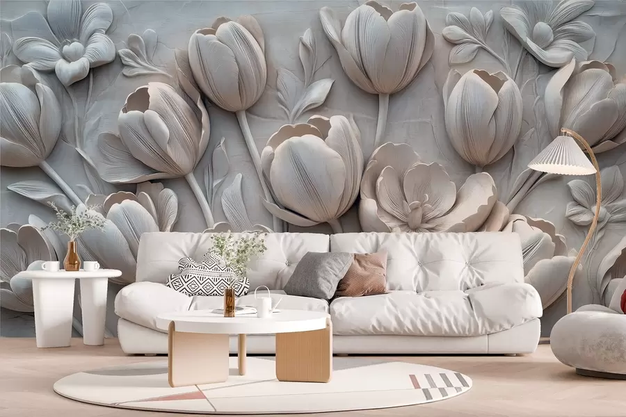 fototapet artă florală 3D cu lalele grațioase în culoarea gri w01851v1