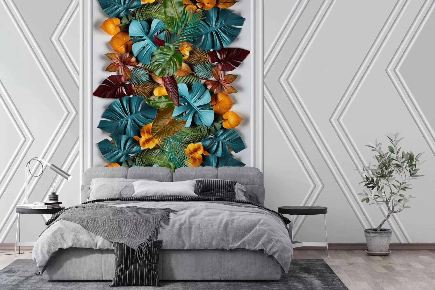 fototapet tapet 3D cu frunze tropicale colorate și geometrie pe un fundal gri w01876