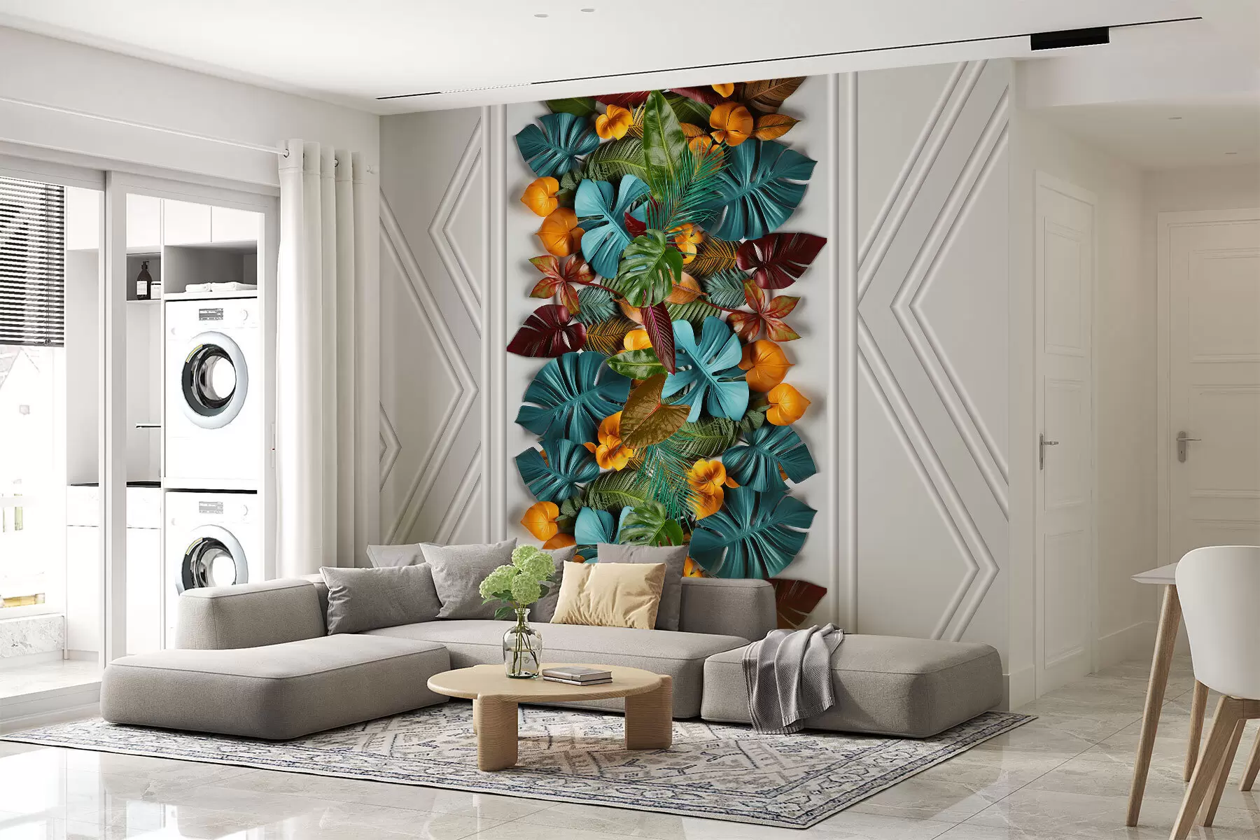 fototapet tapet 3D cu frunze tropicale colorate și geometrie pe un fundal gri w01876