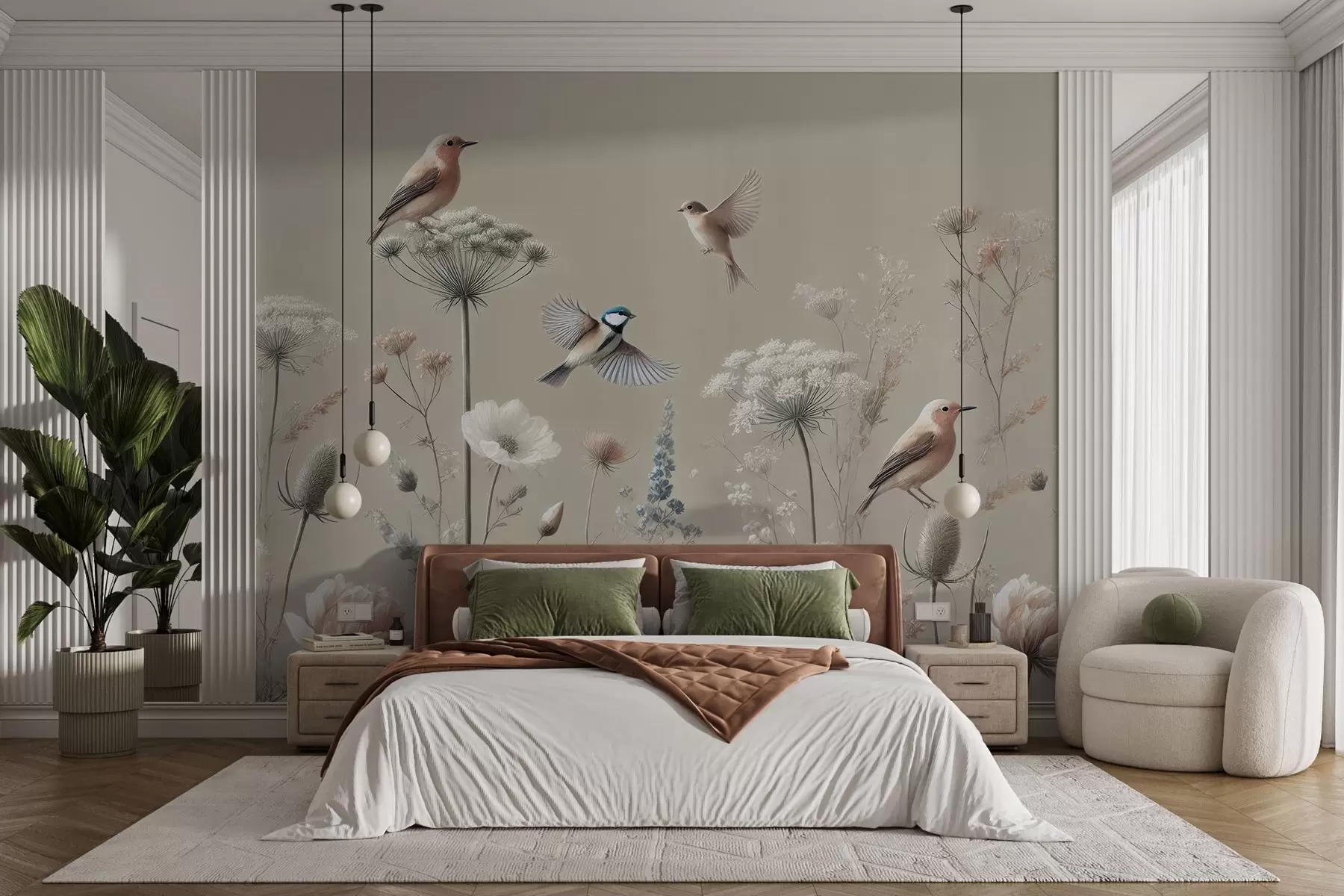 fototapet Delicate flori sălbatice cu păsări pe un fundal bej w01958