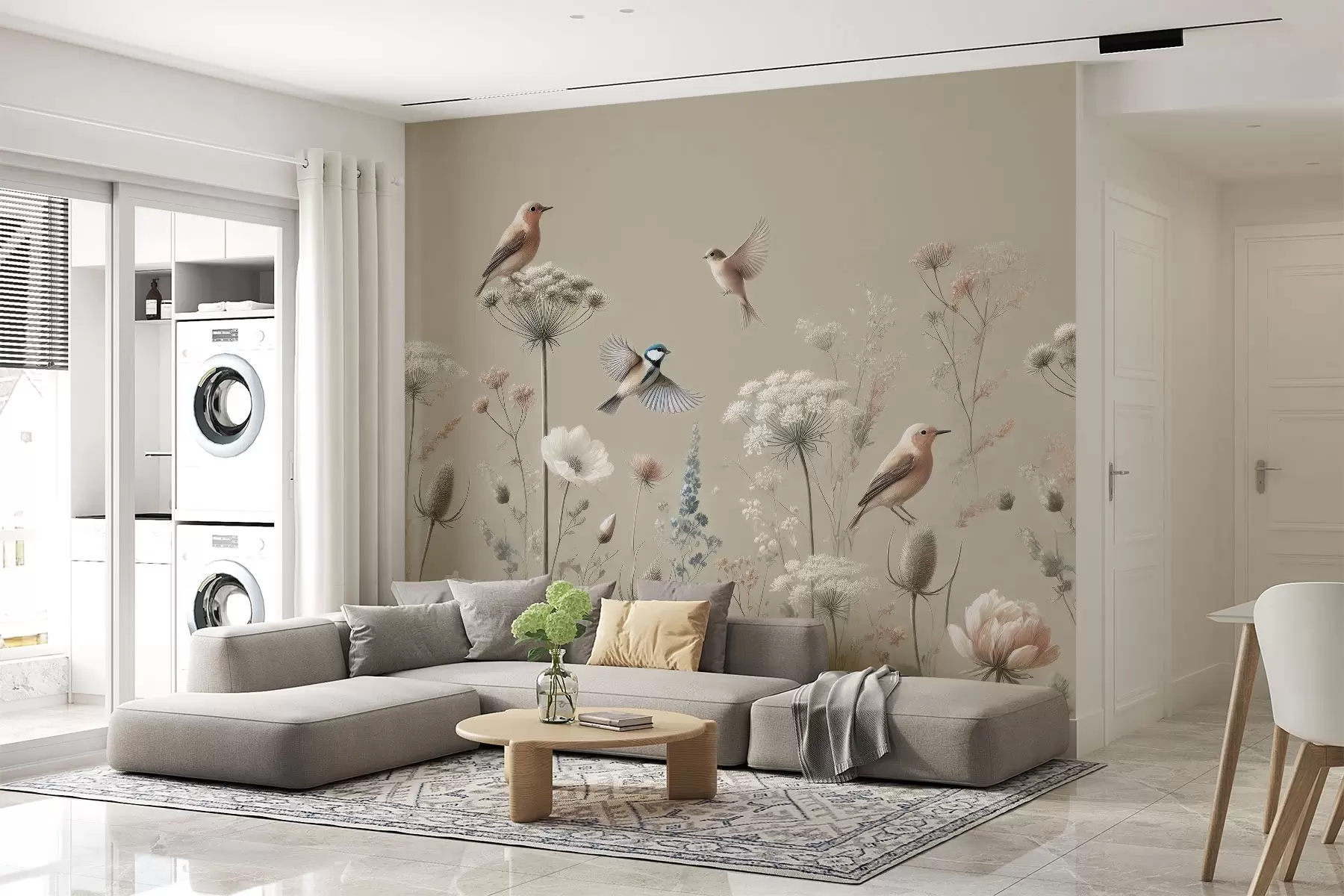 fototapet Delicate flori sălbatice cu păsări pe un fundal bej w01958