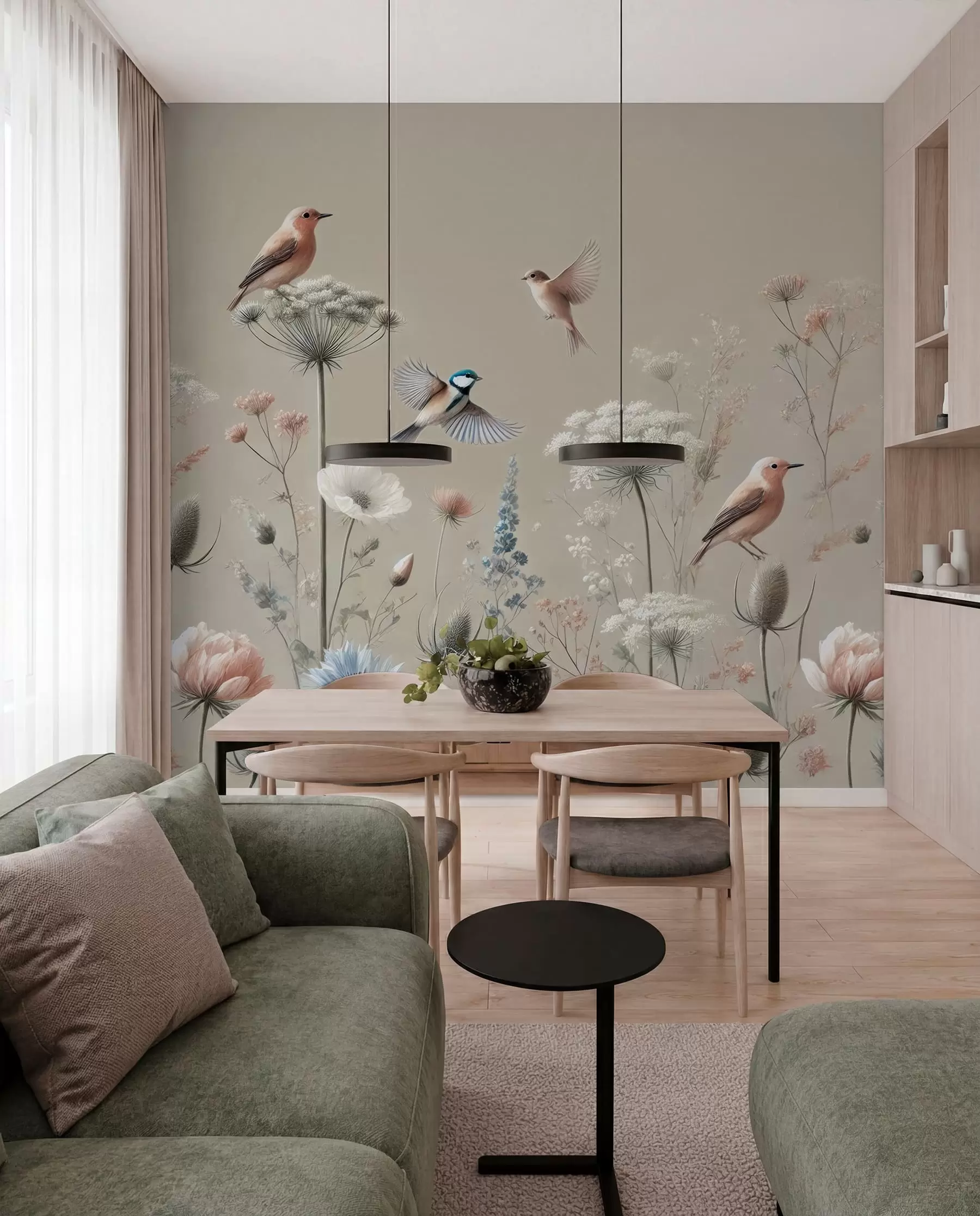 fototapet Delicate flori sălbatice cu păsări pe un fundal bej w01958