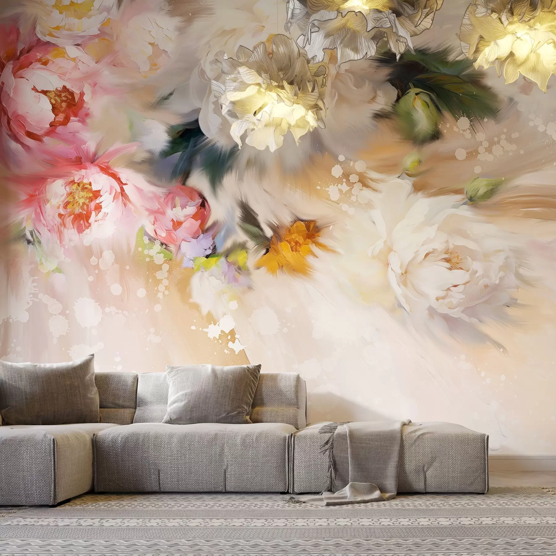 fototapet Acrilic bujori, tușe de pensulă, floral, culori bej pastelate moi w02021v2