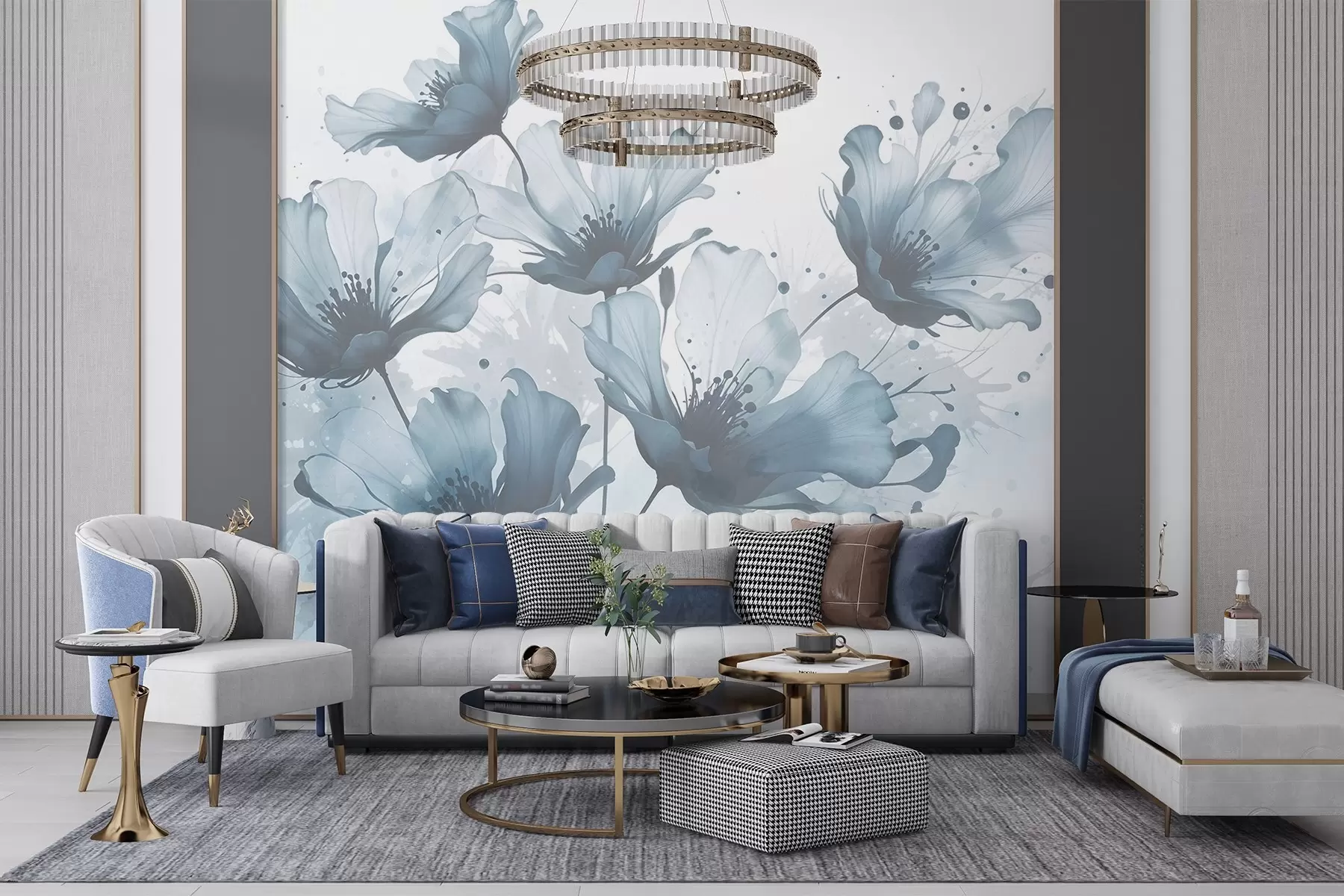 fototapet Delicate flori albastre cu petale moi, neclare și stropi de acuarelă pe un fundal deschis w08376