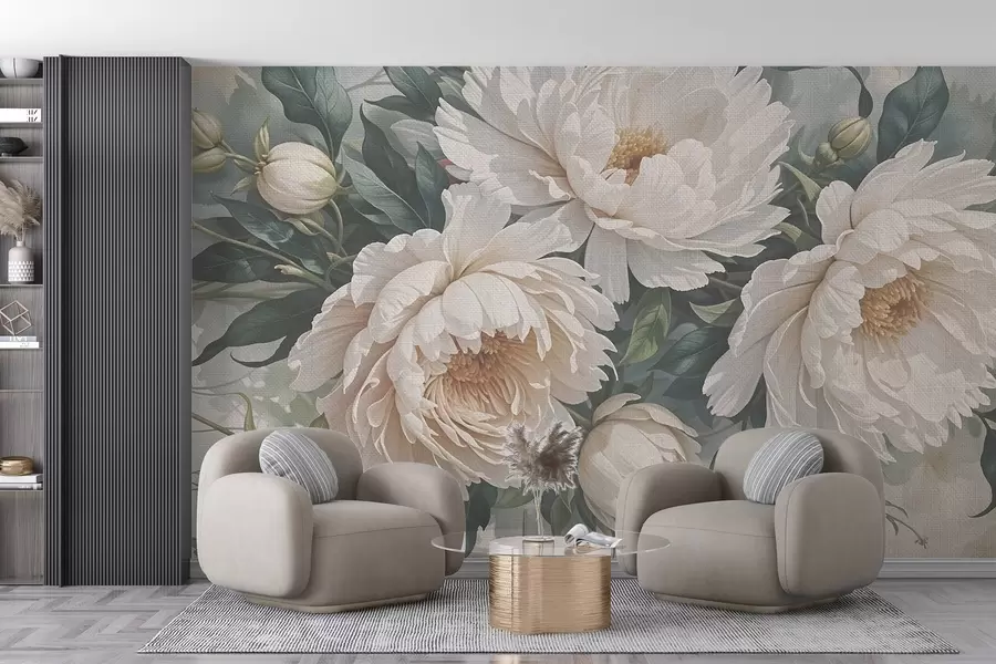 fototapet Flori mari texturate de bujor alb cu frunze verzi, un aranjament floral luxuriant și romantic w08377