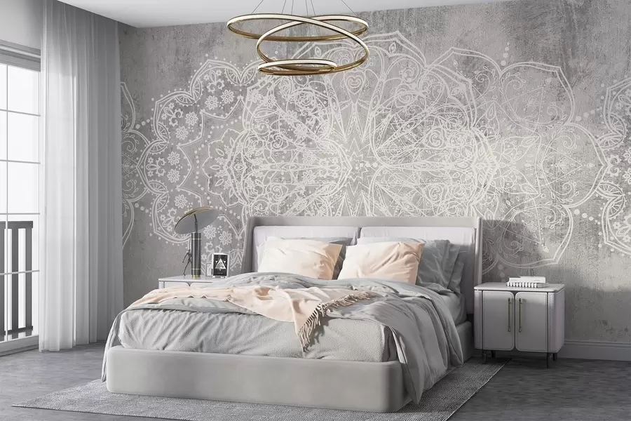fototapet Un model detaliat, complicat de dantelă albă mandala pe un fundal de perete gri loft texturat w08387