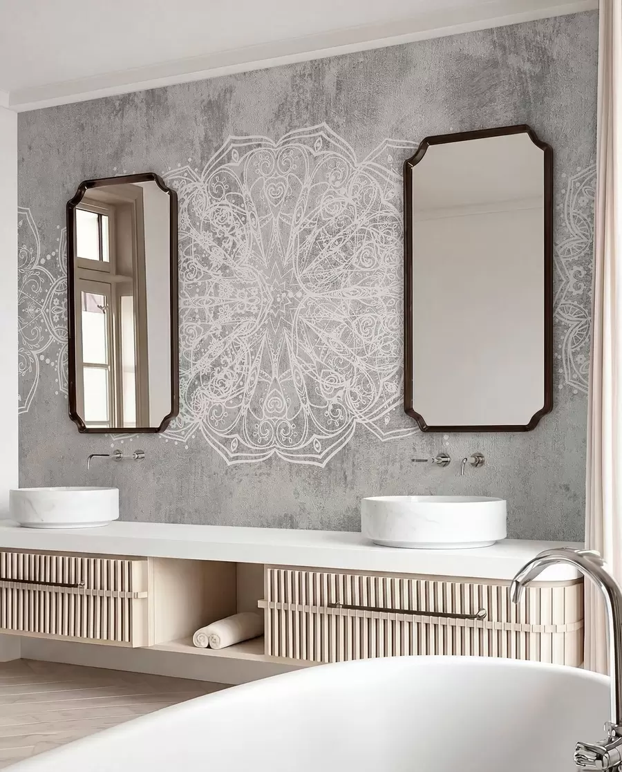 fototapet Un model detaliat, complicat de dantelă albă mandala pe un fundal de perete gri loft texturat w08387