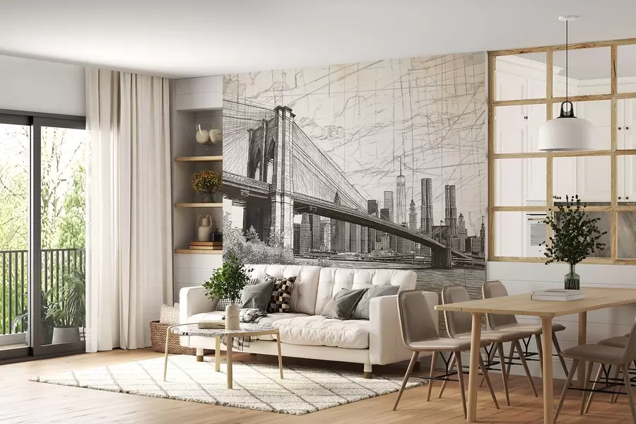fototapet Panoramă a podului Brooklyn realizată într-o tehnică retro schițată cu linii și zgârieturi w01961