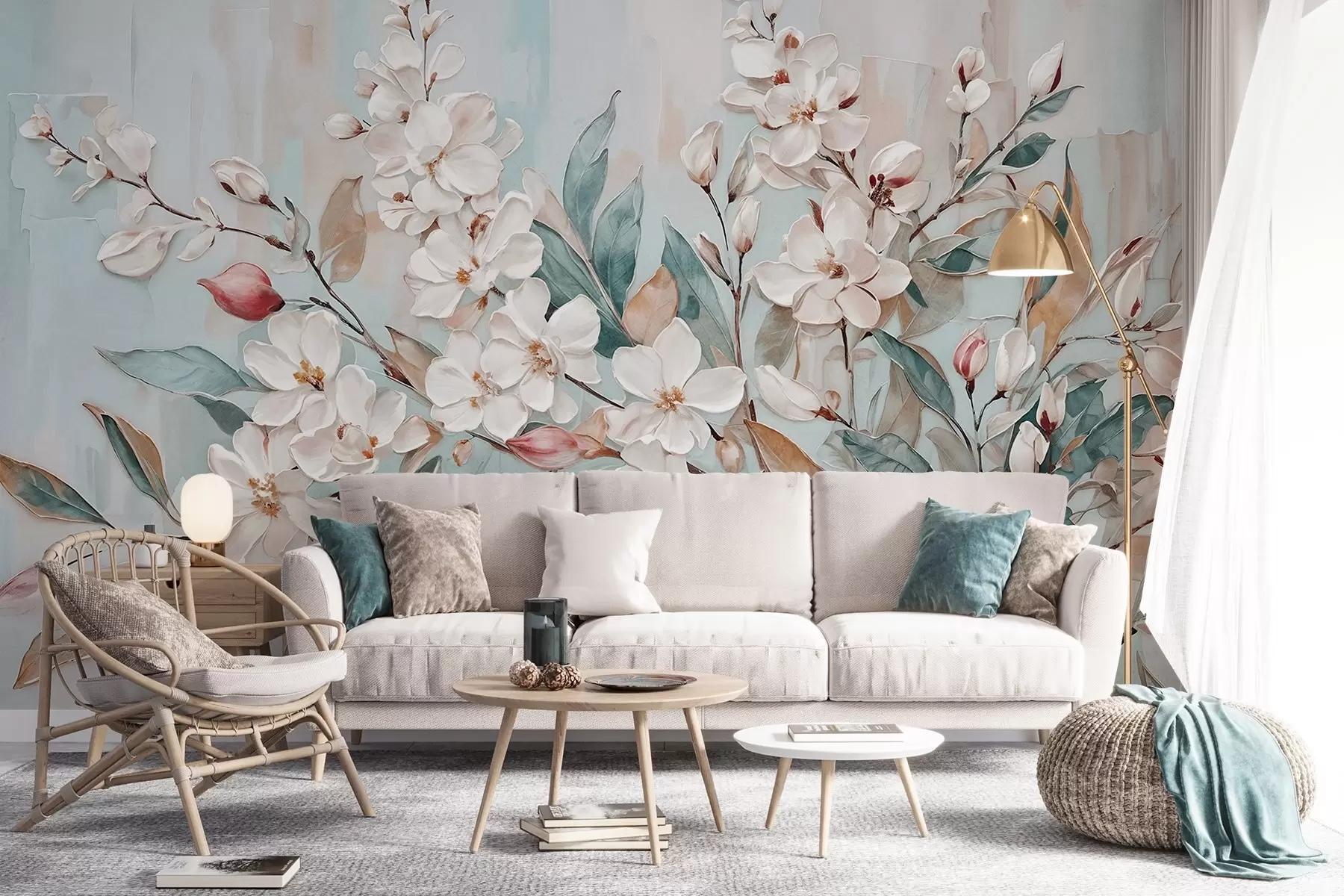 fototapet Floral pastel flori albe delicate cu centre roz, înconjurat de frunze verzi luxuriante și ramuri w08399