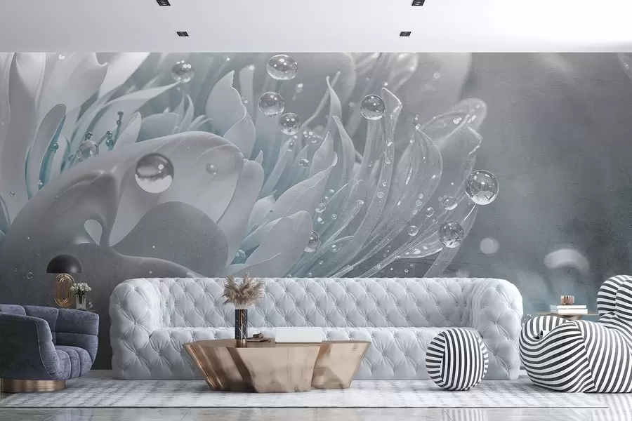 fototapet Un prim-plan al unei flori de bujor albastru cu picături de apă pe petalele sale delicate, creând o atmosferă moale w08402v1