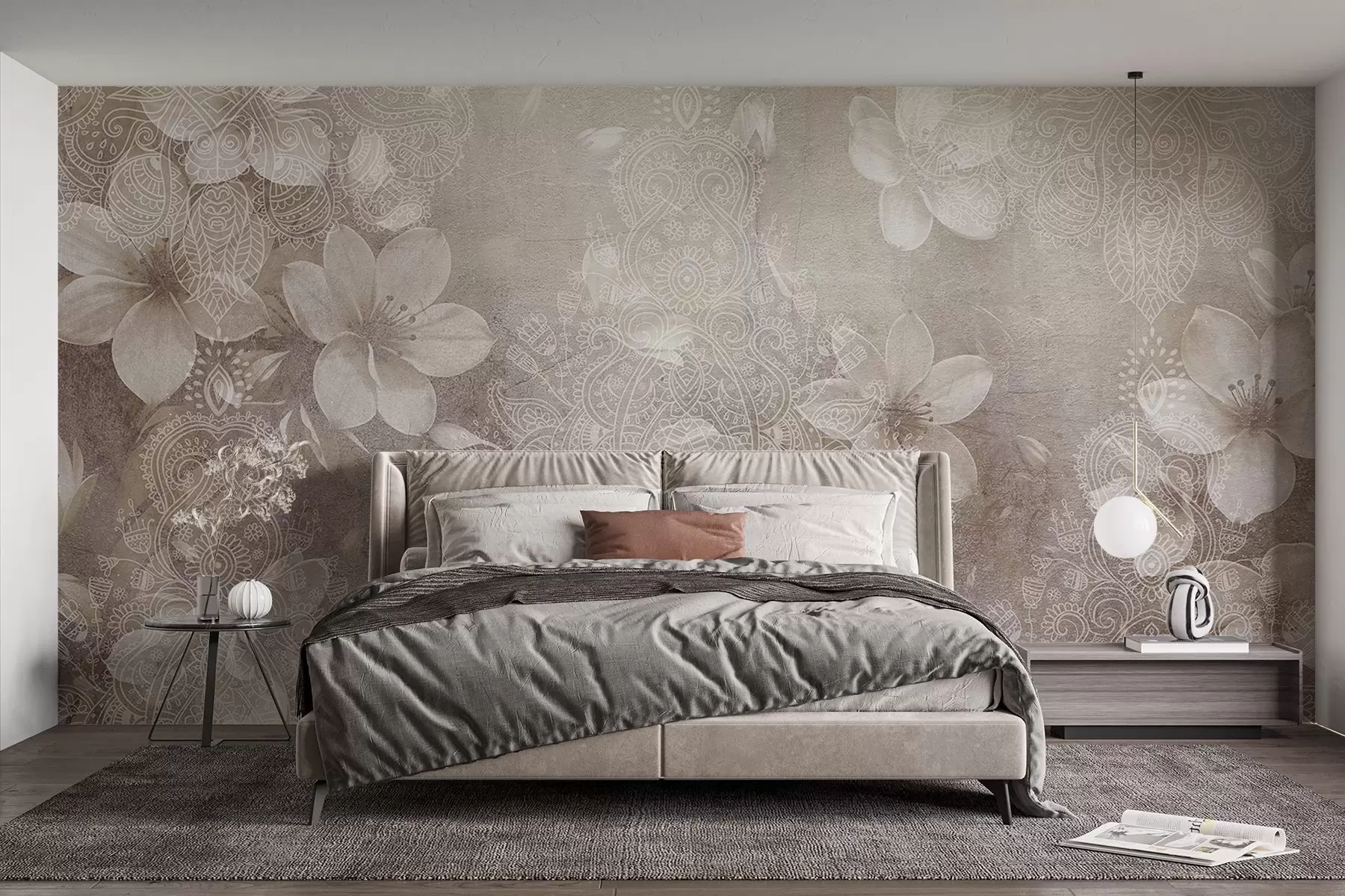 fototapet Soft focalizare desen de flori albe delicate pe un fundal bej dantelă texturate neclare w08405v1