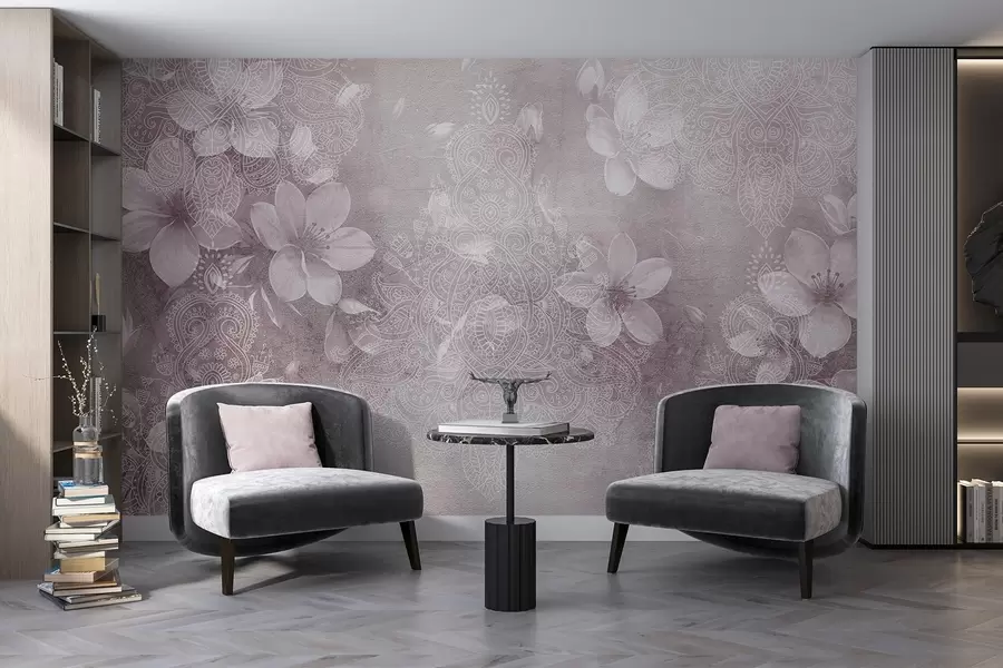 fototapet Soft focalizare desen de flori albe delicate pe un fundal de dantelă bordo textură neclară w08405v2