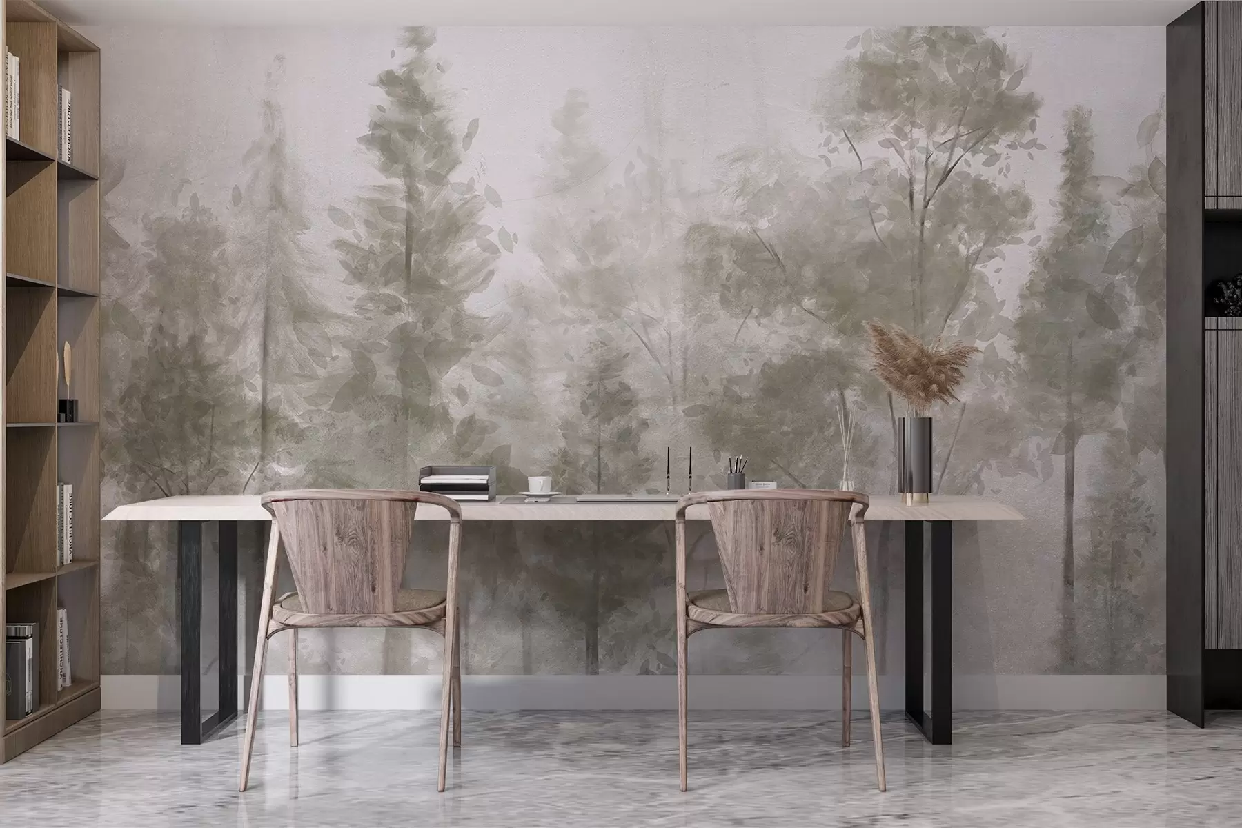 fototapet Pini înalți texturați într-o pădure cețoasă, cu o atmosferă încețoșată, cețoasă w08411